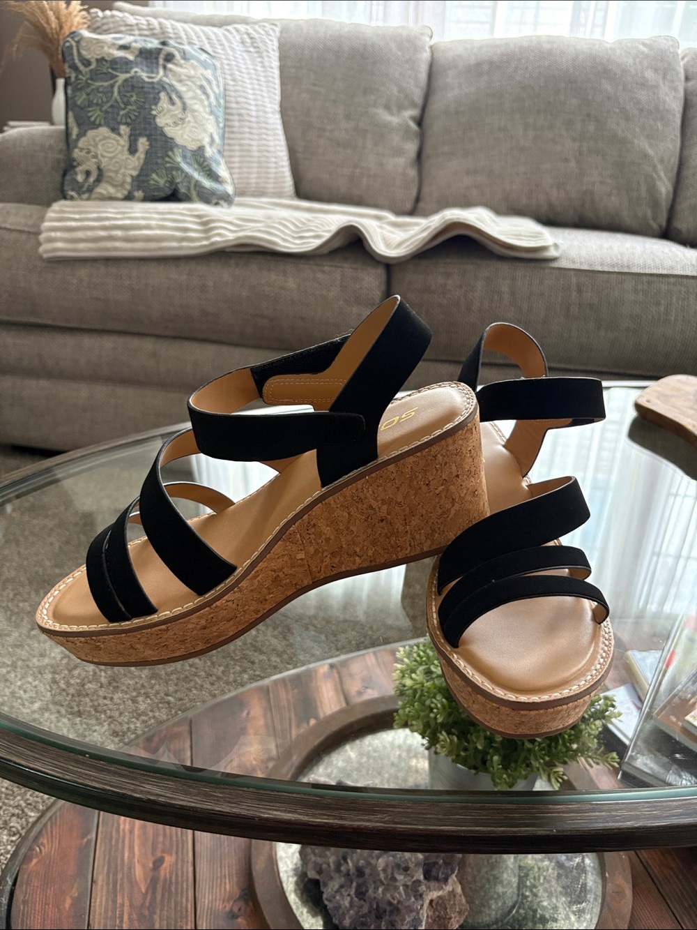 Women's Black Cork Wedge Sandals - Strappy Comfort Soda size 10